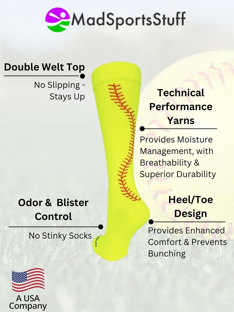 MadSportsStuff Softball Socks with Stitches Over the Calf (Neon Yellow/Red, Small) - Image 4